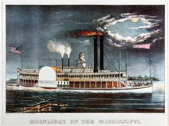 Måneskin på Mississippi, dampskibet Great Republic ... (farvetryk)