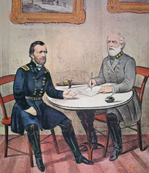 General Robert E. Lee (1807-70) overgiver sig til general Ulysses S. Grant (1822-85) ved Appomattox Courthouse, 9. april 1865 (farve litho)