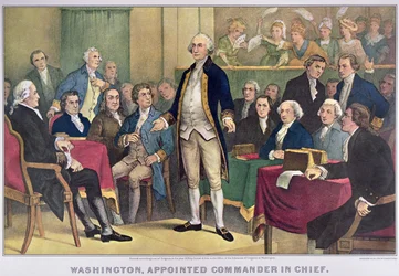 George Washington (1732-99) udnævnt til øverstbefalende, udgivet 1876 (farve litho)