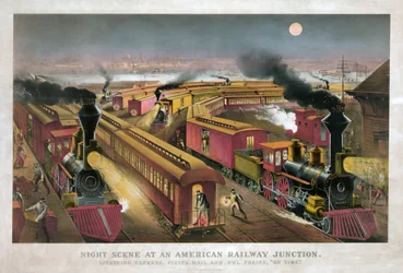 Nattescene ved et amerikansk jernbanekryds af Currier & Ives