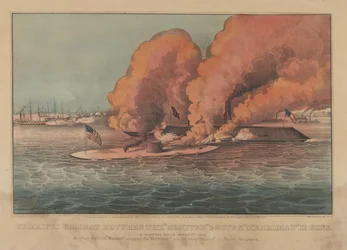 Fantastisk kamp mellem "Monitor" 2 kanoner og "Merrimac" 11 kanoner på Hampton Roads 9. marts 1862 (håndfarvet litografi)