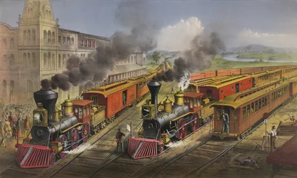 Amerikansk jernbanescene: lynekspresstog forlader knudepunktet, 1874