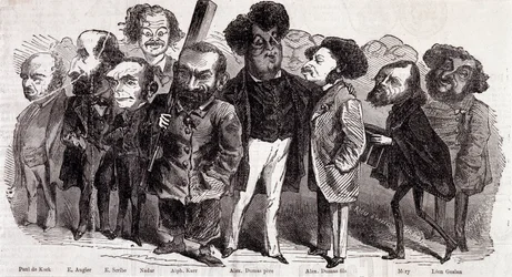 Portrætter af forfatterne Paul de Kock (1793-1871), Emile Augier (1820-1889), Eugene Scribe (1791-1861), Felix Nadar, Alphonse Karr (1808-1890), Alexandre Dumas pere (1802-1870) og Alexandre Dumas Jr. (1824-1895), Joseph Mery (1798-1866) og Leon Gozan (180