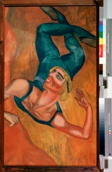 Saut (hop) - En akrobat udfører et hop, smilende ansigt, fleksibel krop deformeret af stillingen i suspension i luften - Maleri af Nadezhda Vladimirovna Lermontova (1885-1921), olie på lærred