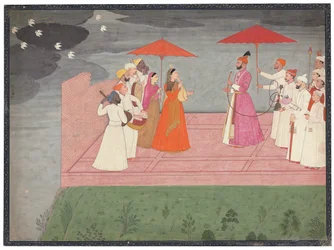Musikere, der spiller en raga for Balwant Dev Singh i regntiden, ca. 1745-50