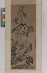Rooster On Rock, Among Flowers (blæk på papir)