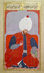 MS Hazine 1563 fol.47b Suleyman I (1495-1566) som ung mand, fra Semailname, 1579 (blæk og bladguld på papir)