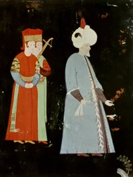 Sultanen Suleyman den storslåede (1494-1566) med to højtstående personer