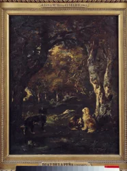 Dogs in the forest Painting by Narcissus Diaz de la Penadani