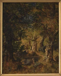 Interiør af et Skov med Sø og Figurer