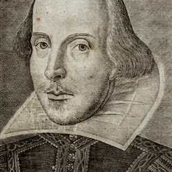 Detalje af portræt af William Shakespeare på frontispice af Comedies, histories,  t...