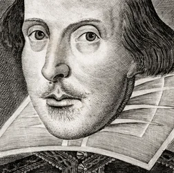 Detalje af portræt af William Shakespeare på frontispice af Comedies, histories,  t...