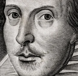 Detalje af portræt af William Shakespeare på frontispice af Comedies, histories,  t...