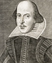 Portræt af William Shakespeare på frontispice af Comedies, histories,  tragedies i...