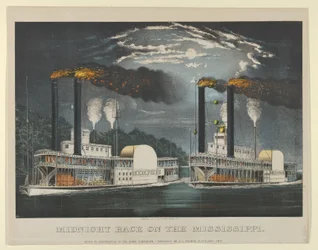 Midnatsløb på Mississippi, 1875., 1875. Skabere: Nathaniel Currier, James Merritt Ives, Currier og Ives.