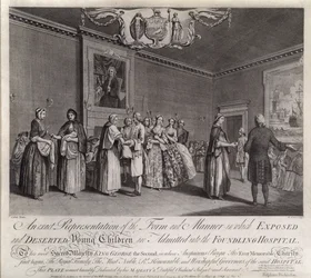 En nøjagtig fremstilling af den form og måde, hvorpå udsatte og forladte små børn bliver indlagt på Foundling Hospital, 1749