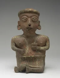 Kvindefigur, del af siddende par, 300 BC-AD 300 (lertøj med slip)