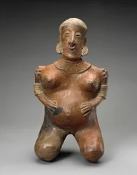 Knælende gravid kvinde, 300 BC-AD 300 (lertøj med slip)