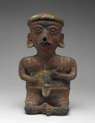 Mandsfigur, del af siddende par, 300 BC-AD 300 (lertøj med slip)