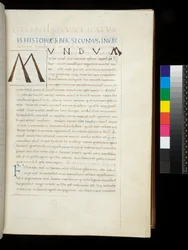 Ms 394.1. Plinius den ældre, Historia naturalis, f.26r. Pen initial [M] tilføjet i det dedikerede rum efterladt tomt af dekoratøren, Napoli, midten af det 15. århundrede, ca. 1442 (pergament)
