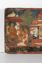 Detalje fra et buddhistisk manuskriptomslag (ugennemsigtigt wc på træ)