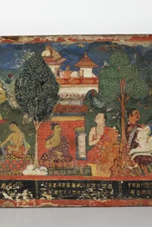 Detalje fra et buddhistisk manuskriptomslag (ugennemsigtigt wc på træ)