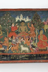Detalje fra et buddhistisk manuskriptomslag (ugennemsigtigt wc på træ)