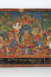 Detalje fra et buddhistisk manuskriptomslag (ugennemsigtigt wc på træ)