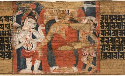 Folio 126b Buddhas Descent from the Heaven, fra Astasahasrika Prajnaparamita (blæk & farver på palmeblade og træ) (detalje af 430762)