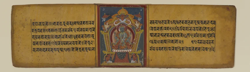 Side fra et buddhistisk manuskript, der viser en af Pancharaksha-gudinderne, 16-17. århundrede (blæk og akvarel på papir)