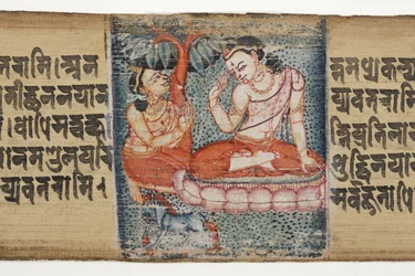 Sudhana knælende foran en bodhisattva fra Gandavyuha (ugennemsigtigt toilet og blæk på palmeblad)