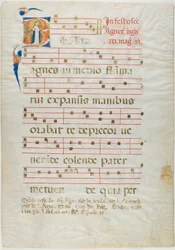 Sankt Agnes i et historisk initial "V" fra et antifonarium
