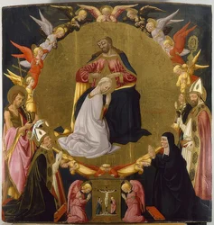 Marias kroning med engle og fire helgener. Omkring 1470