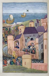 Ms 324 f.324 v. Minos belejrer Megara. Scylla klipper forræderisk sin fars hår og flyver, fra Metamorphoses 8 af Ovid, 1479