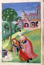 Ms. 324 f. 44v. Alkithoe, Pyramus og Thisbe, morbærtræet skifter farve, fra Ovids Forvandlinger, 1479