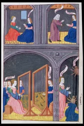 Ms 324 f.62 v. Arachne udfordrer Pallas og bliver til en edderkop, fra Ovids Forvandlinger 6, 1479