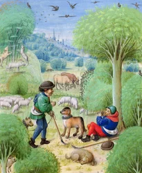 Ms 324 f.9 r. Pastoral scene, fra Eclogues af Virgil, 1472-73