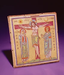 Plaque with the Crucifixion, c.1150-75 (champleve & cloisonne emalje, kobberlegering & forgyldt)