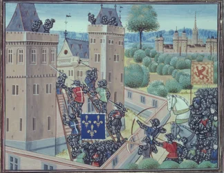 Royal 18 E.1 Fol.345 Opfangningen af Wark Castle af franskmændene og skotterne fra bog II af 