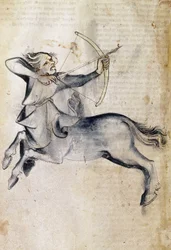 Sloane 3983 f.9v Tegning af Skytten; fra en oversættelse af en persisk astrologisk afhandling, "Liber Astrologiae" (vellum)