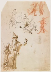 Studie af en gammeltestamentlig profet og andre figurstudier (recto); Studie af en mandsfigur med et reb (verso) (pen & brun blæk & vask, rød & sort kridt)