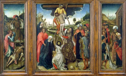 Aflejringen, flankeret af (L) Adam og Eva Mourning Abel og (R) Josephs frakke vist til Jakob, triptykon, ca. 1470 (panel)