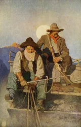 Diligence-fører og vagt med en hær, der krydser de vestlige regioner. Reproduktion af et maleri af N.C. Wyeth.