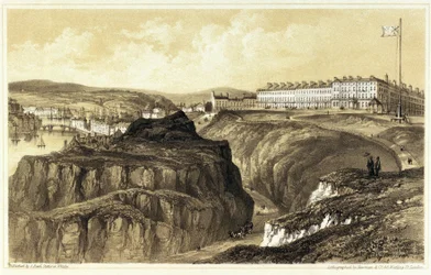 Whitby, Khyber Pass (England), med en oversigt over byens bygninger og fort. Litografi, graveret af Newman  Co, udgivet af S.Reed.