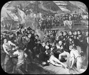 Admiral Lord Nelson blev såret i slaget ved Trafalgar, 1805