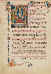 Manuskriptblad med Jomfruens antagelse i et indledende V, fra et antifonarium, ca. 1340.
