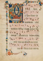 Manuskriptblad med Jomfruens antagelse i et indledende V, fra et antifonarium, ca. 1340