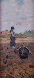 En ung pige fodrer kalkuner (olie på lærred)