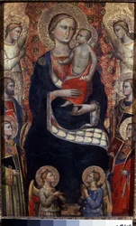 Madonna og barn med hellige og engle. Madonna med barn, hellige og engle. Maleri af Niccolo di Pietro Gerini (ca. 1350-1415). Florentinsk kunst, middelalder. Tempera på træ. Eremitagemuseet, Sankt Petersborg