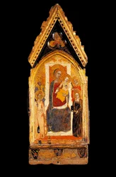 Jomfru og barn og hellige træmaleri af Niccolo di Tommaso (kendt mellem 1343 og 1367) Assisi fra det 14. århundrede, Museo del Tesoro della Basilica di San Francesco